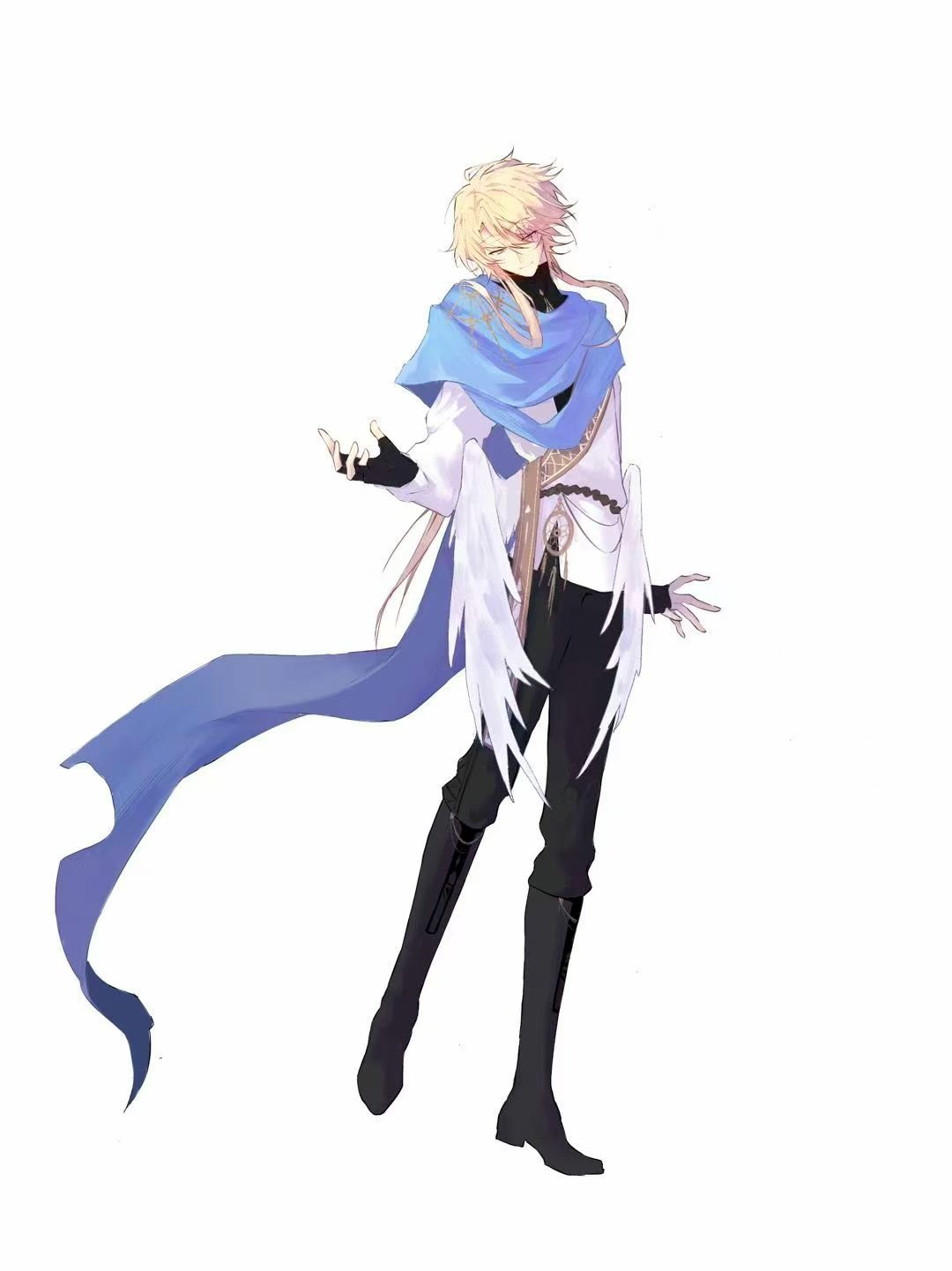 Haku Shirasagi — a fair-haired young man with a blue scarf, white feathered wings folded at his sides